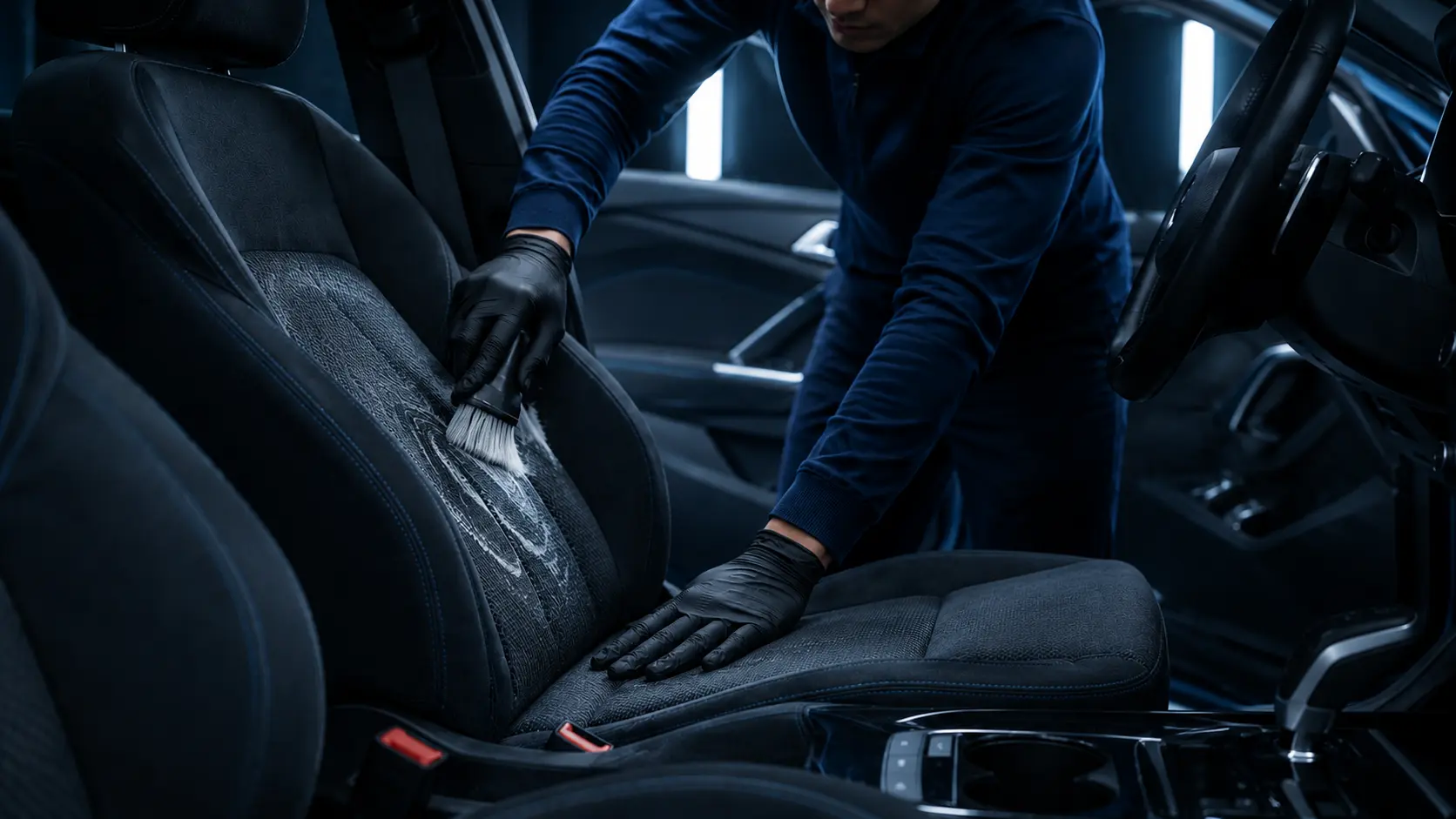 Technician brushing a car seat.